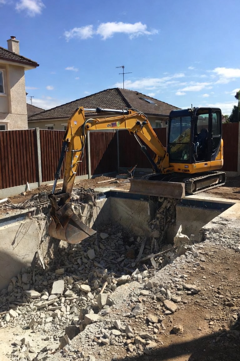 Excavator breaking out an old backyard swimming pool shell