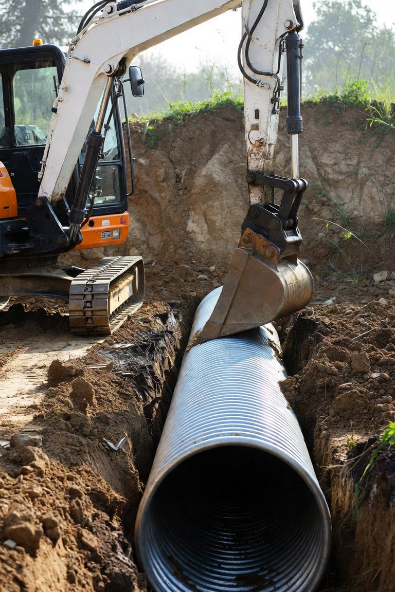 Corrugated culvert pipe set into a trench at a driveway crossing