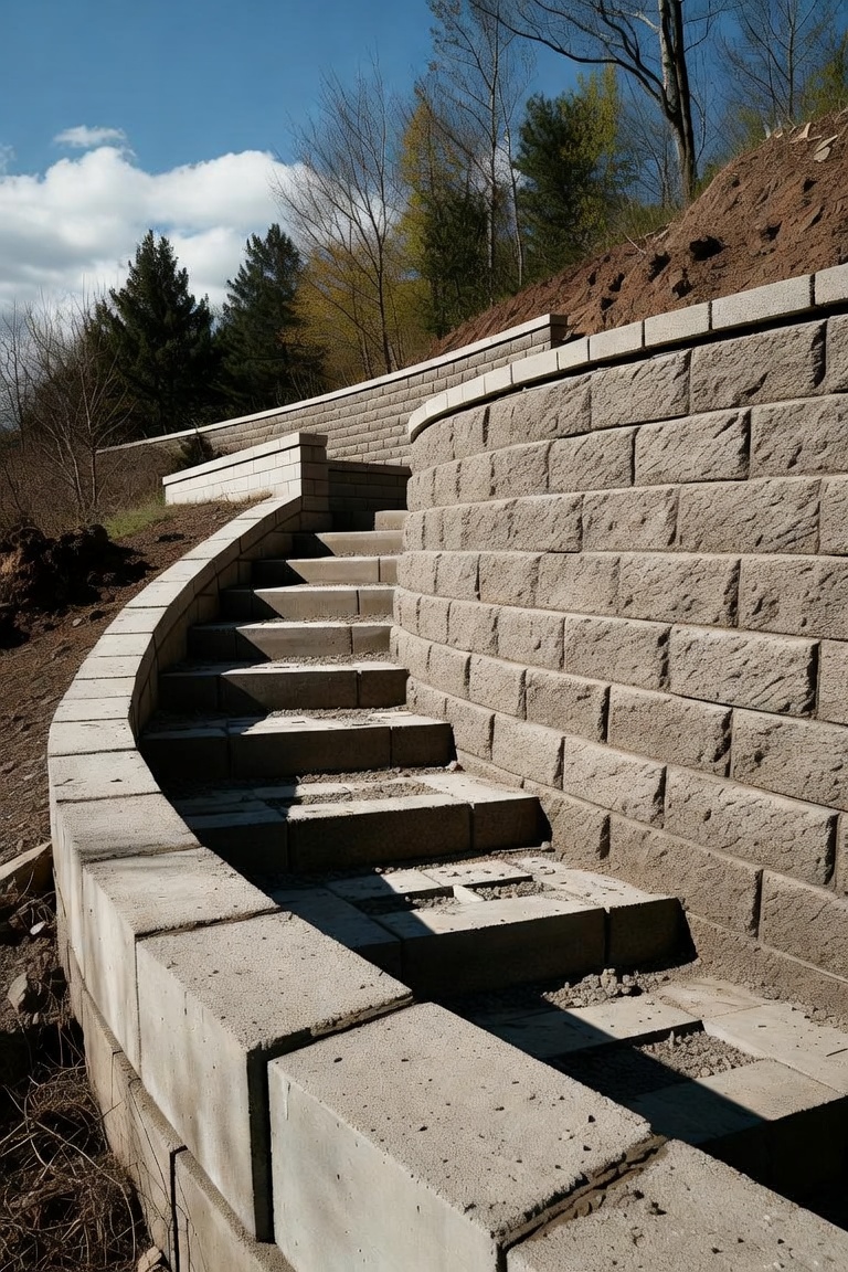 Finished block retaining wall holding a landscaped slope