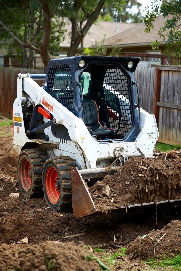 Bobcat skid steer and compact tractor moving soil in a residential yard