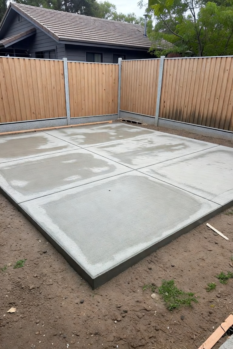 Freshly poured concrete pad being floated inside forms