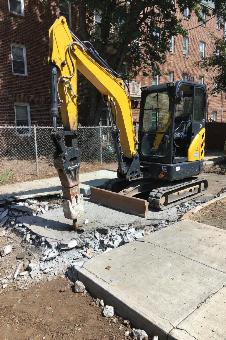 Hydraulic breaker attachment busting up a concrete slab