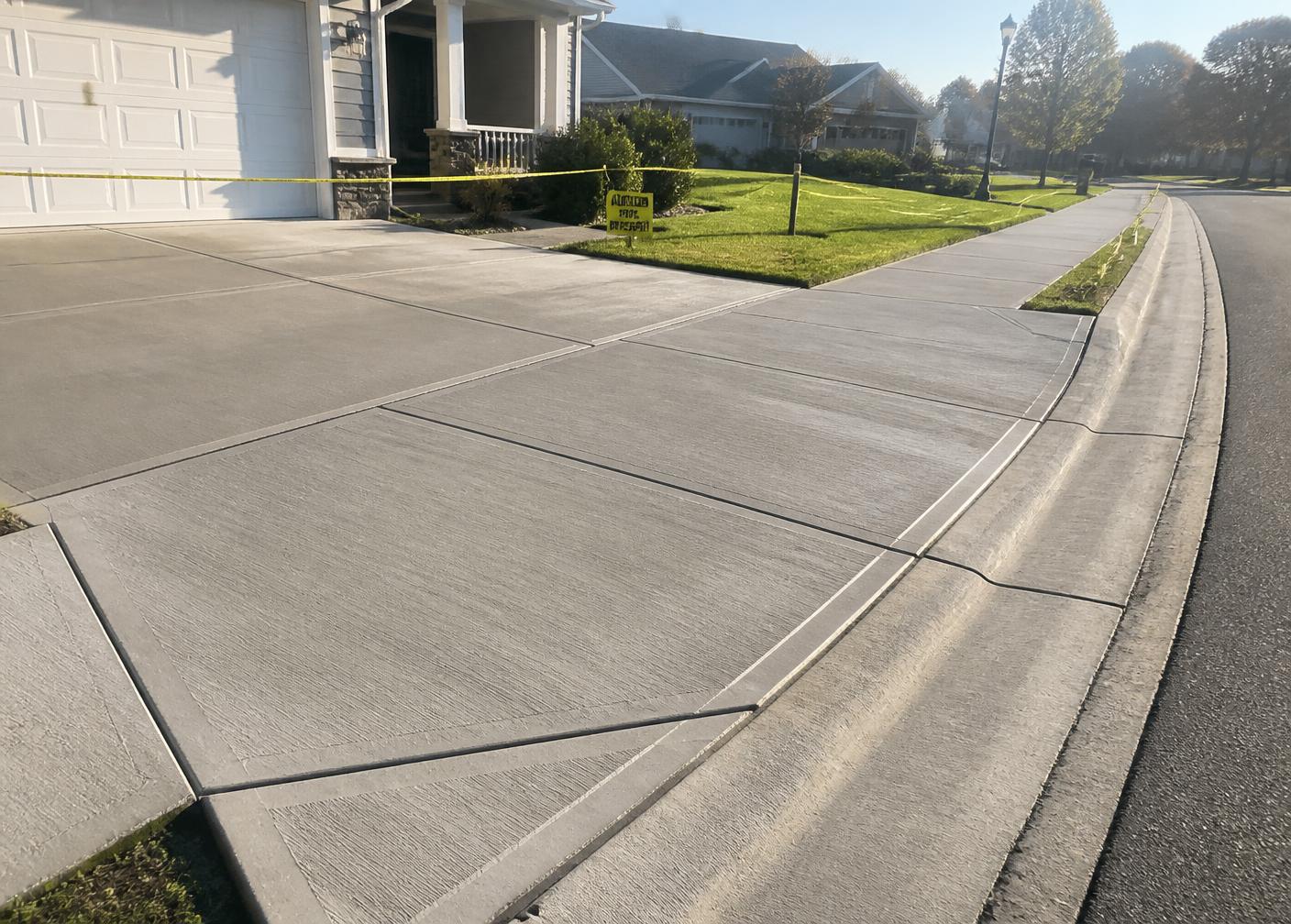 New concrete sidewalk and driveway apron with curb and gutter