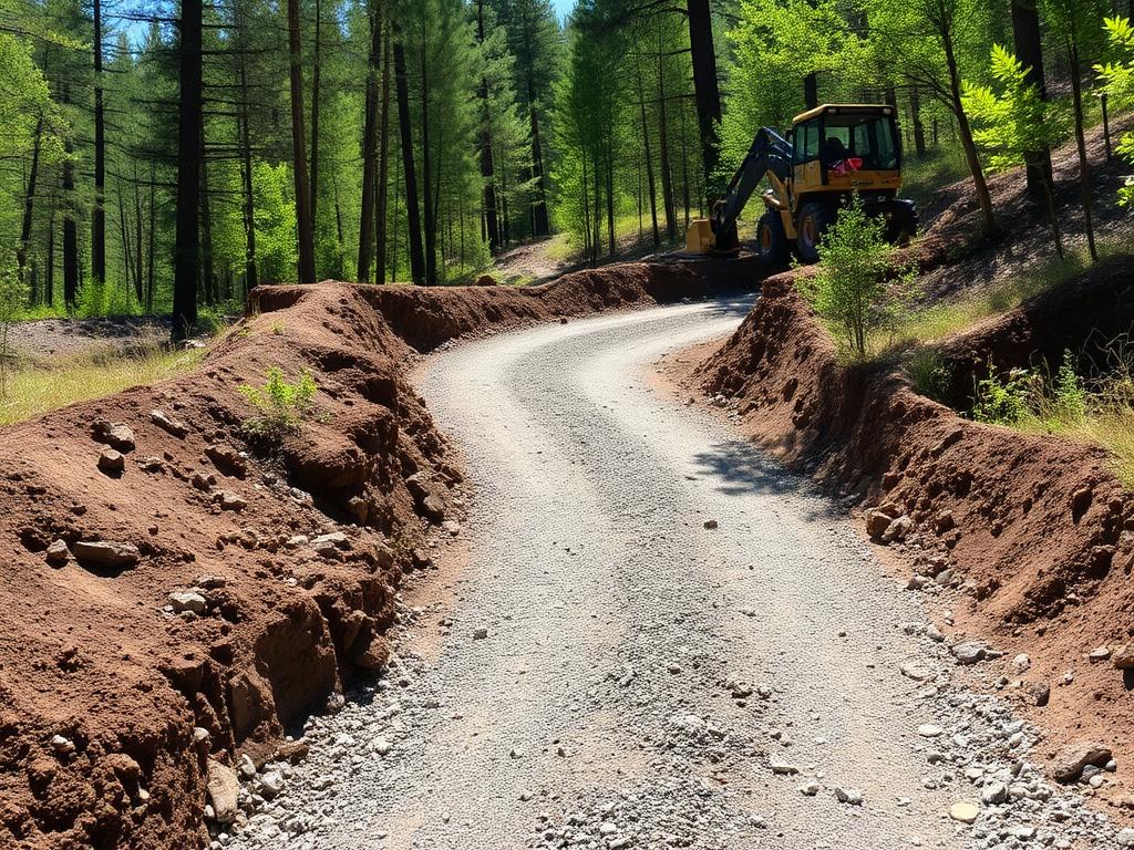 Freshly graded gravel access road cut into a wooded hillside