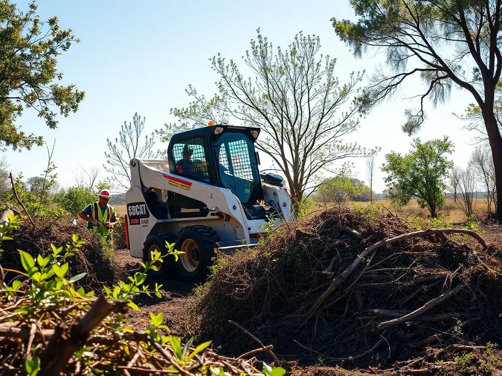 Skid steer clearing heavy brush and overgrowth from a rural lot