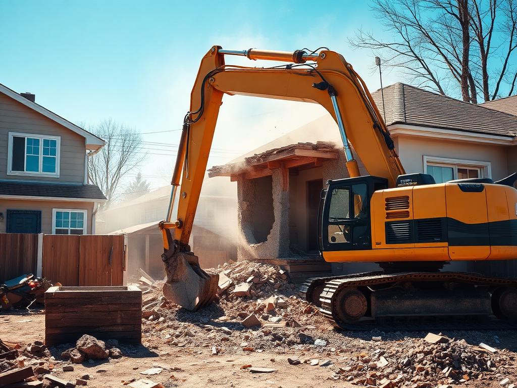 Excavator taking down a small residential structure