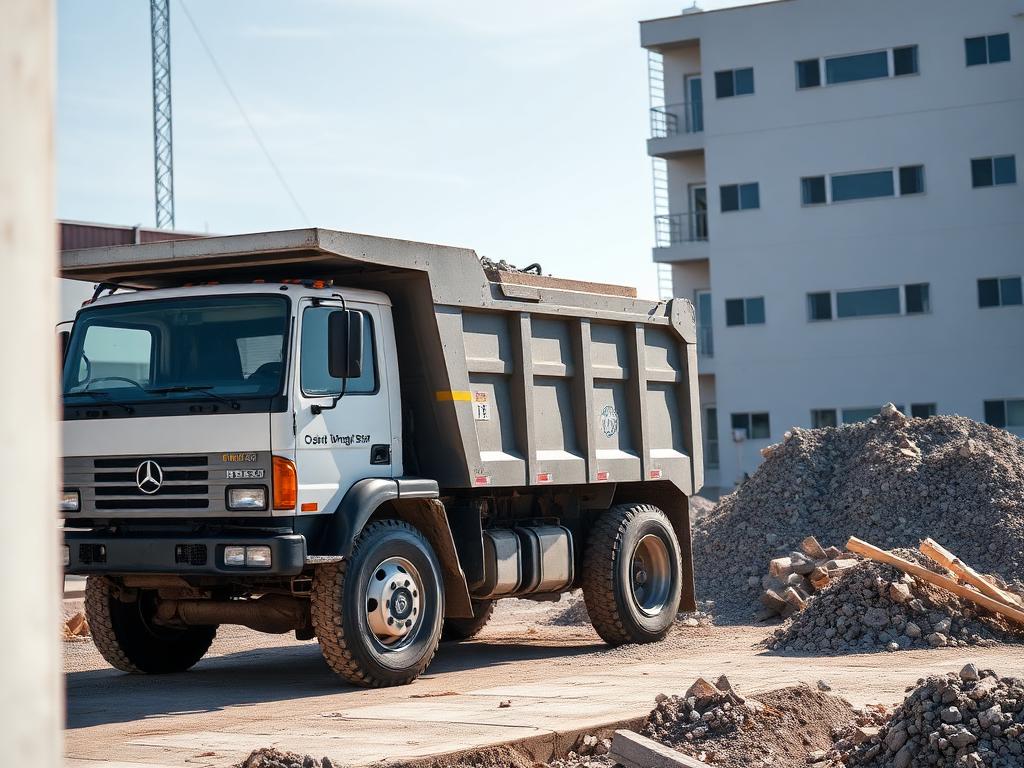 Dump truck loaded with construction debris on a tidy job site